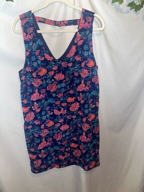 Olive & Oak Navy Floral V-Neck Dress with Pink and Teal Blooms